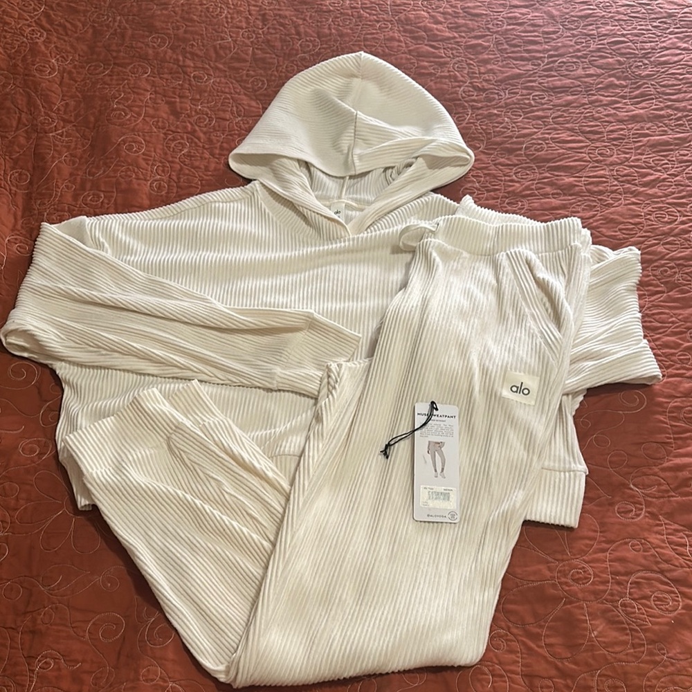 Alo Cream Ribbed Hoodie and Joggers Set